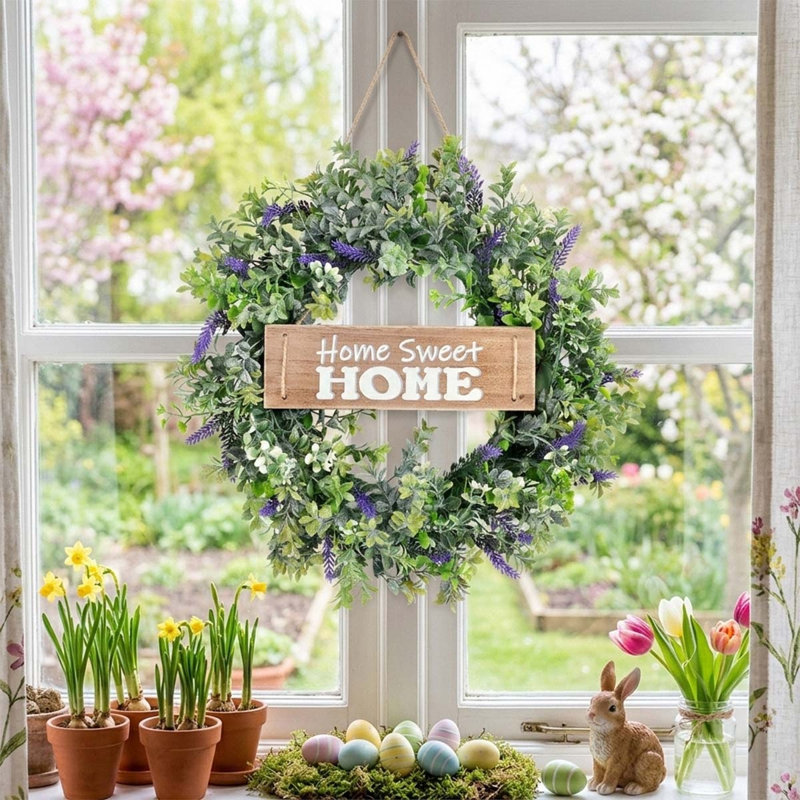 Couronnes d'eucalyptus artificiel de 15,7 pouces pour la porte d'entrée, couronne de printemps et d'été avec panneau «Welcome Home»