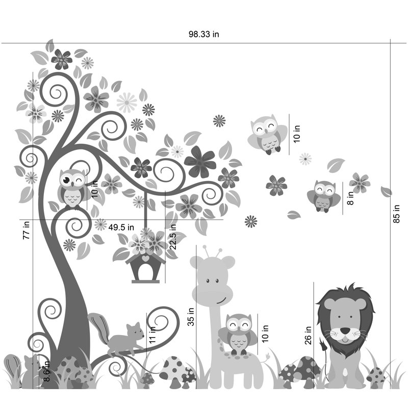 Adhésif décoratif arbre à tourbillon, jungle, hibou et giraffe, Schéma A