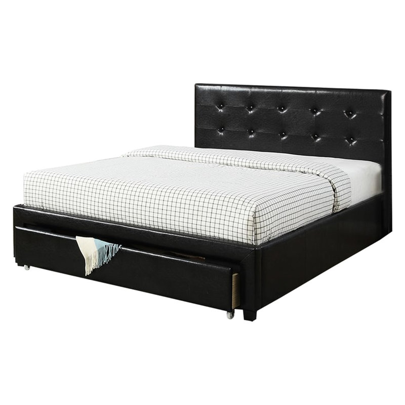 Grand lit, cadre de lit de chambre à coucher, noir, sous le rangement, revêtement en similicuir, tête de lit, bois de pin, tiroir en bois de peuplier