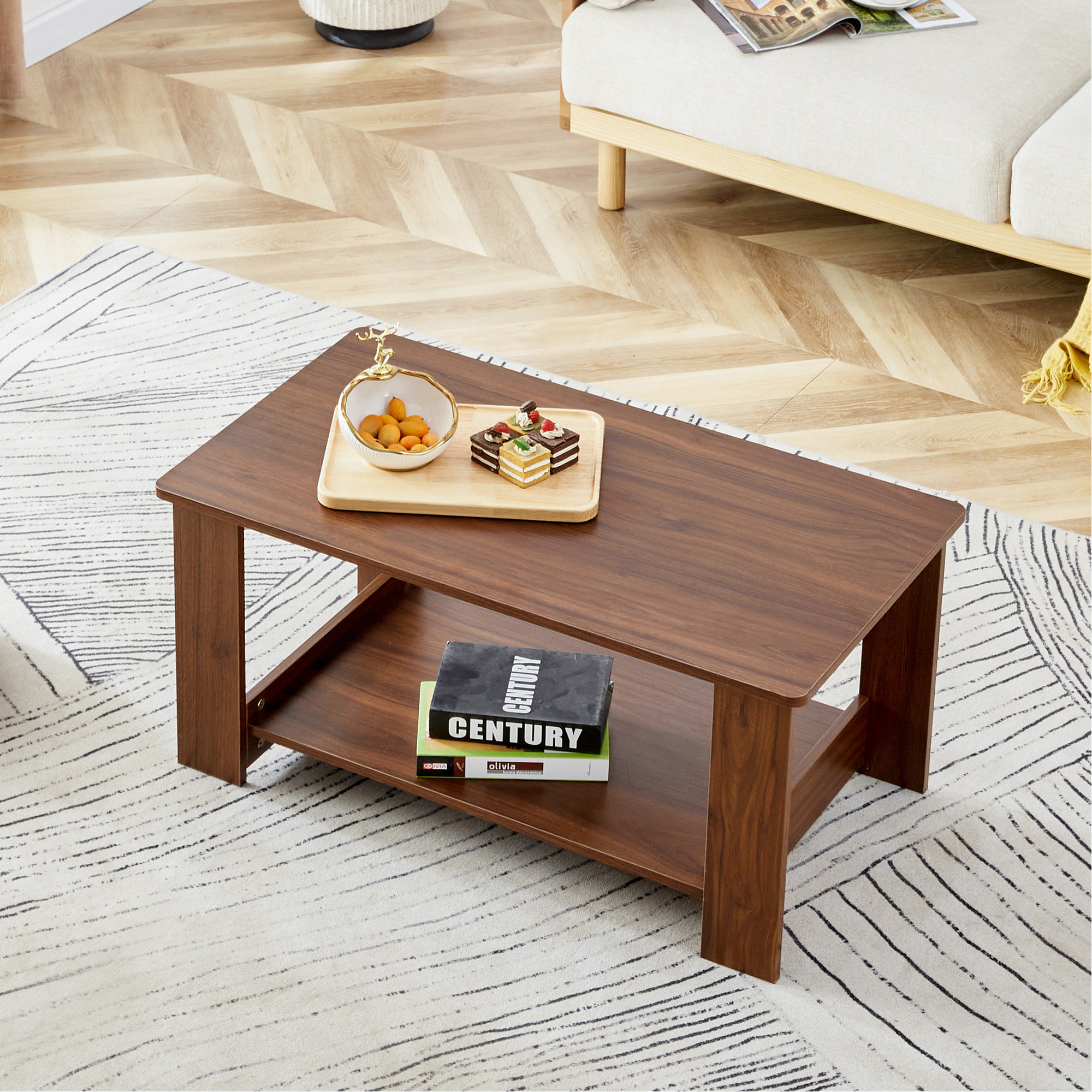 View of Ebern Designs Modern And Practical Walnut Textured Coffee Table With Double Layered Design And ...