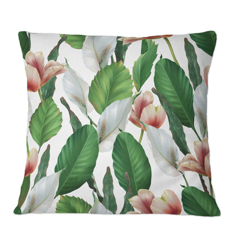 Coussin rose et blanc avec des feuilles vert vif I - imprimé, 16 po x 16 po