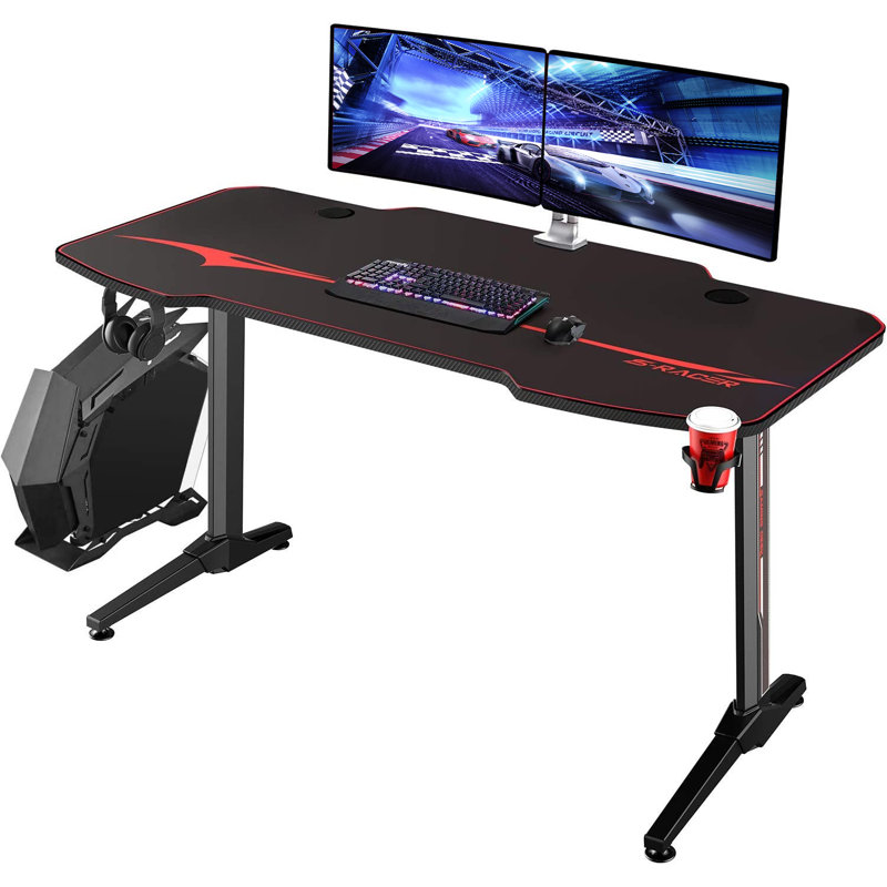 Metal Frame Computer Desk PC Gaming Desk With Cable Tray And Headphone Hook, 73.66cm H x 139.7cm W x 62.48cm D, Black