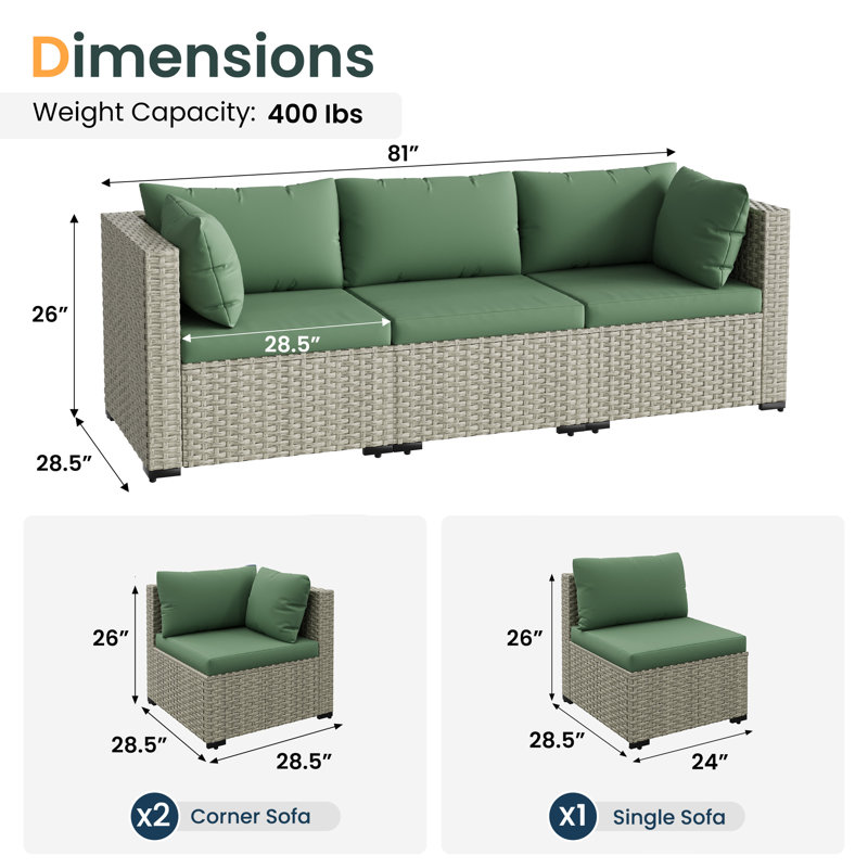 3-Person Outdoor Wicker Sectional Corner Chairs , Green