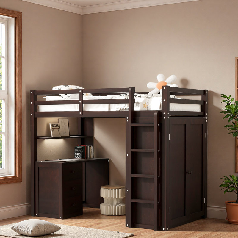 Lit mezzanine simple avec tiroirs, bureau et garde-robe, Lit simple, Espresso