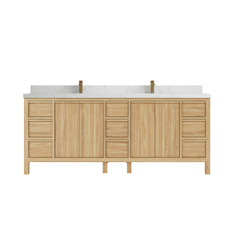 84'' Double Bathroom Vanity with Quartz Top, Light Brown, Empira White
