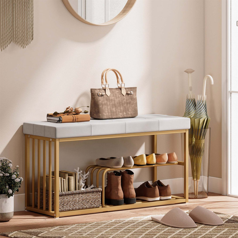 8 Pair Shoe Storage Bench, Gray/Gold