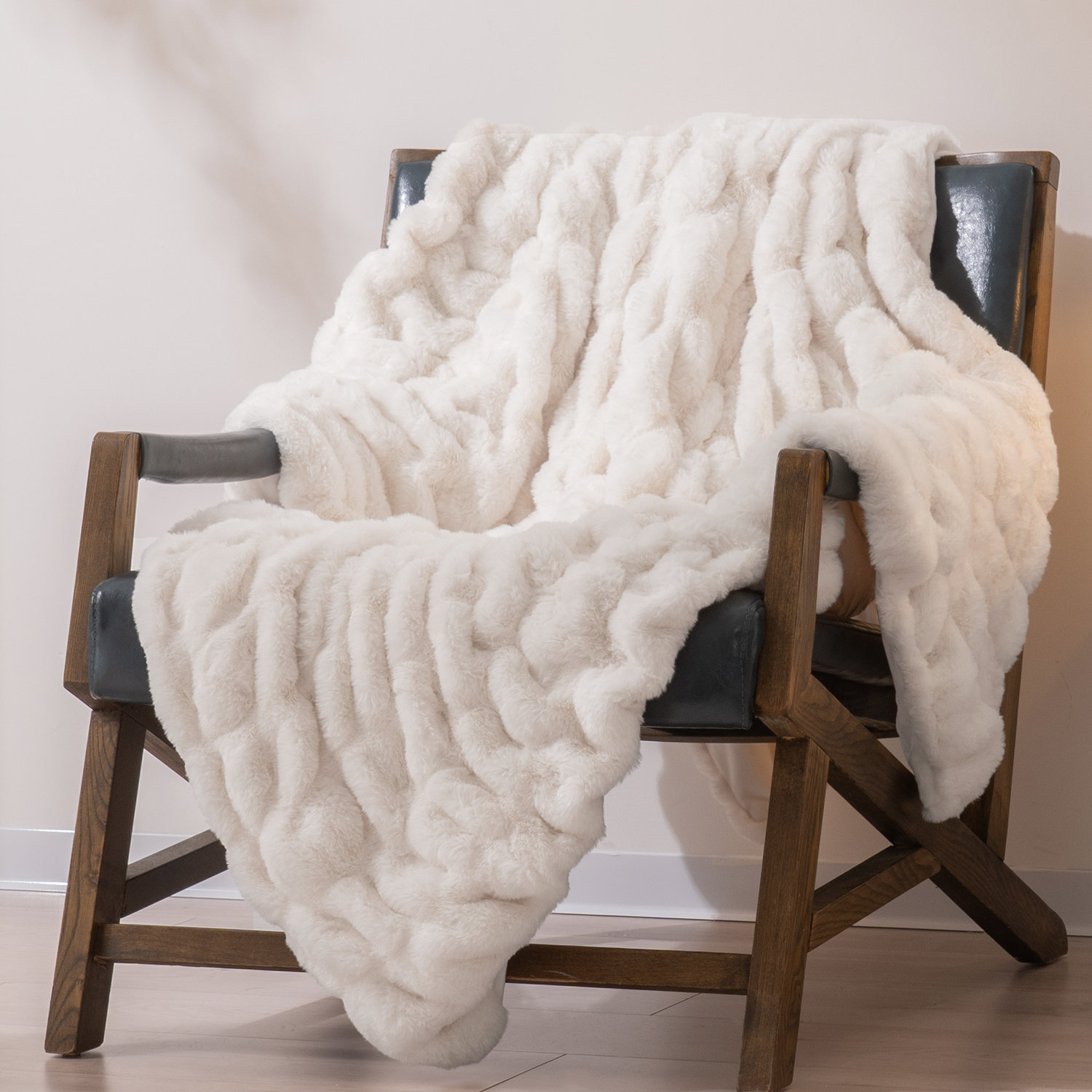Ruched Bubble Faux Fur Throw Blanket, 60" W x 80" L, Ivory White