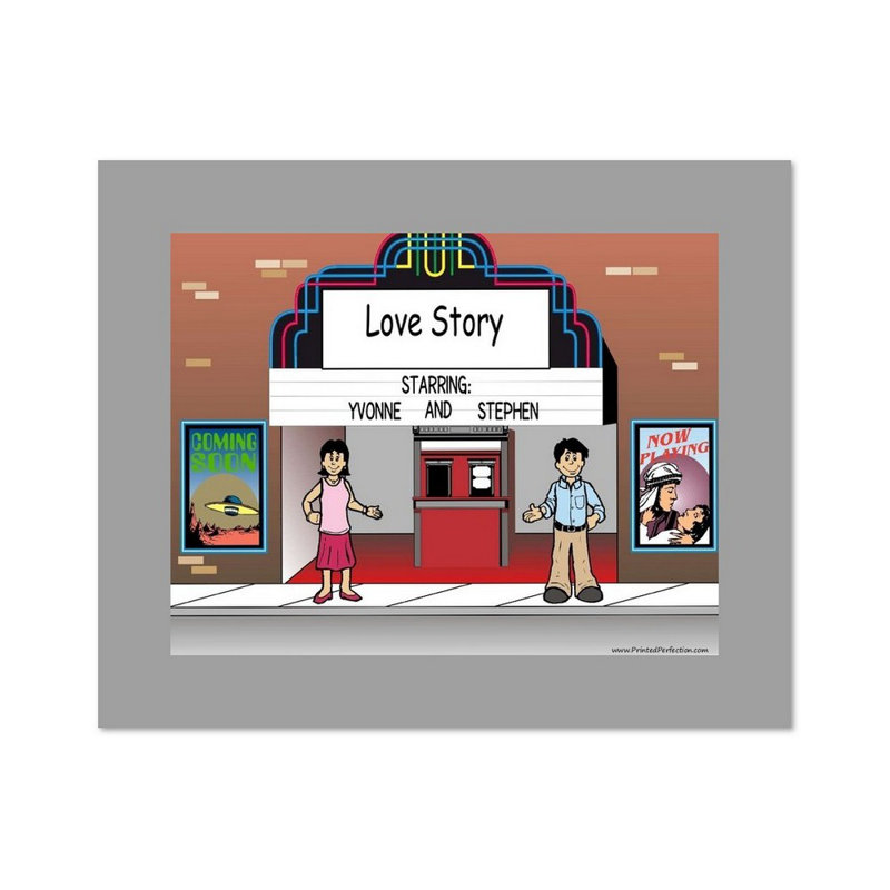 Personalized Lovers in the Theatre Caricature with a Mat & Frame - Ready to hang!, Yes