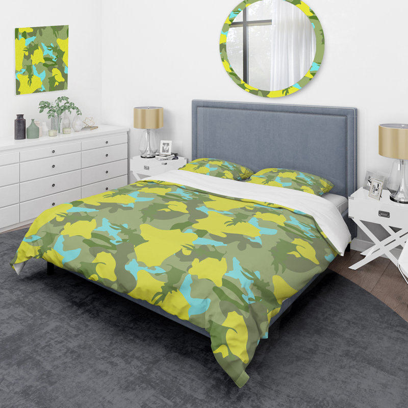 Ensemble de housse de couette en microfibre jaune / vert 3 pièces, Housse de couette pour grand lit et 2 taies décor