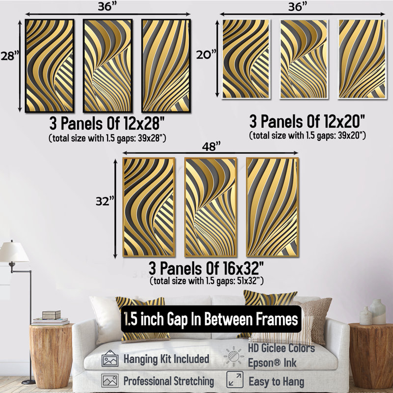 «Wavy Luxury Gold Gradients I», ensemble de 3 reproductions d'art encadrées sur toile, H 28 po x l 36 po, Érable