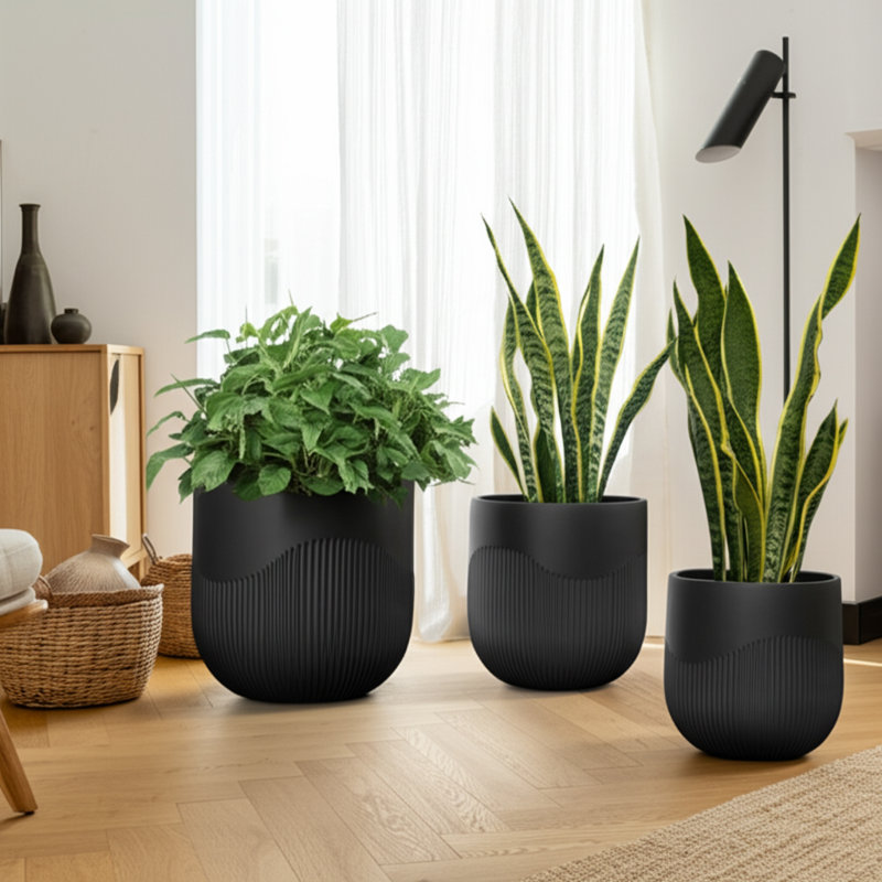 Planter Set Polyresin Carved Sculptural Design Decorative Indoor Outdoor Container Pots Contemporary Minimalist Style Durable Lightweight Construction Set Of 3