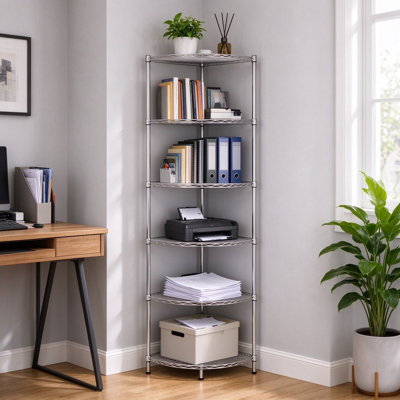 Étagère d'angle en métal avec pieds de nivellement et doublure de tablette, support de rangement robuste réglable pour garde-manger de garage, conception en quart de rond