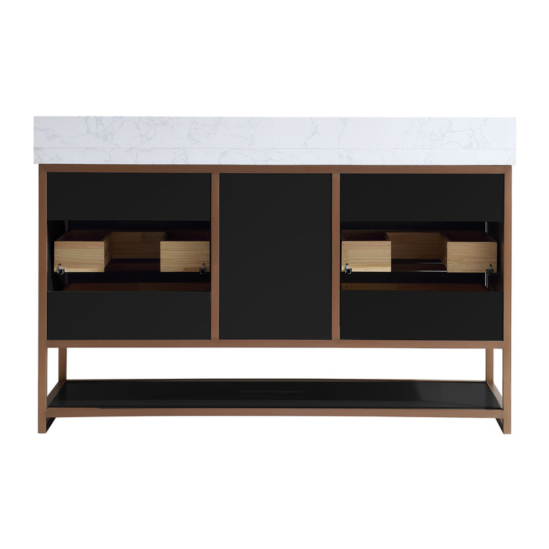 72" Double Vanity With Golden Brush Stainless Steel Frame And Tricorn Black Finish With 2' Thick Black Natual Stone Top, 60"