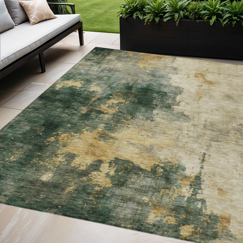 Tapis extérieur lavable abstrait vert et doré 9 pi x 12 pi HomeRoots