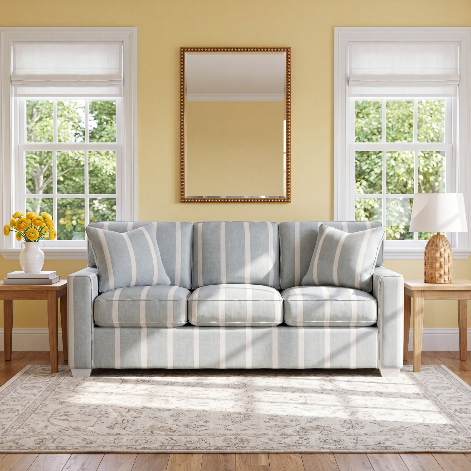 Frye 81'' Upholstered Sofa, Frost White, Light Blue and White Stripe