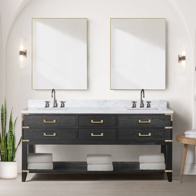 Meuble-lavabo double en chêne noir, 183 cm de largeur, plateau en marbre, miroirs, fermeture amortie, avec tablette ouverte, quatre tiroirs et miroirs pour l'aménagement de votre salle de bain.