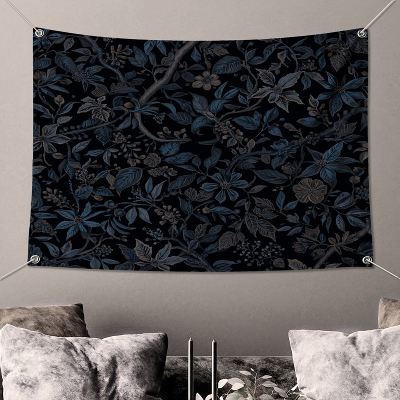 Dark Blue Floral Pattern Wall Tapestry - Floral Wall Decor, 68in H x80in W with 4 Grommets