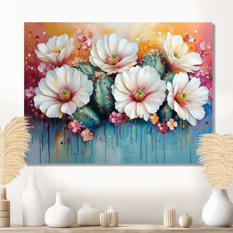 Cactus rose et blanc - Cactus, art mural, H 12 po x l 20 po, Toile tendue sur cadre, Ne s’applique pas