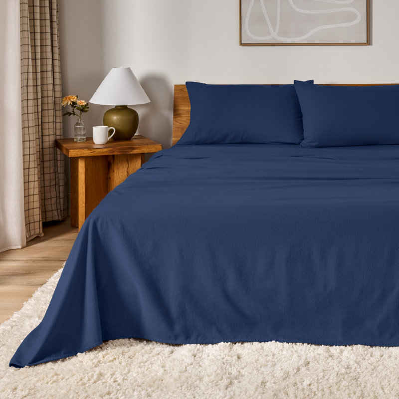 100% Cotton Flannel Sheet Set, Dark Blue, Twin Sheet Set with 1 Pillowcase
