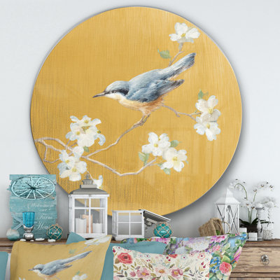 Gold Bird on Blossoms II - Painting Print Metal Circle Wall Art