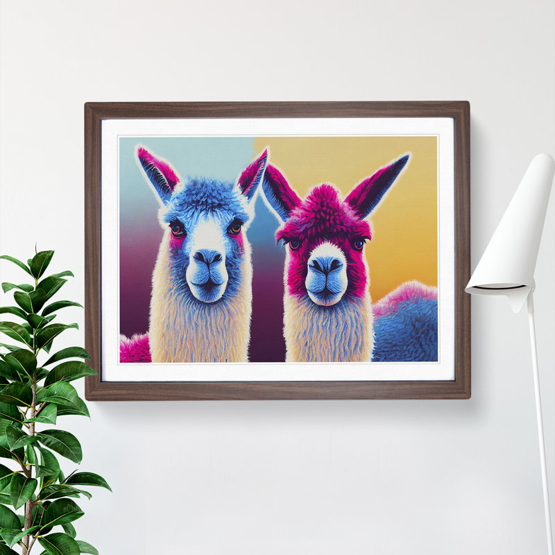 Colourful Llamas Vol.3 - Painting, Walnut Framed, 25cm H x 34cm W x 2cm D