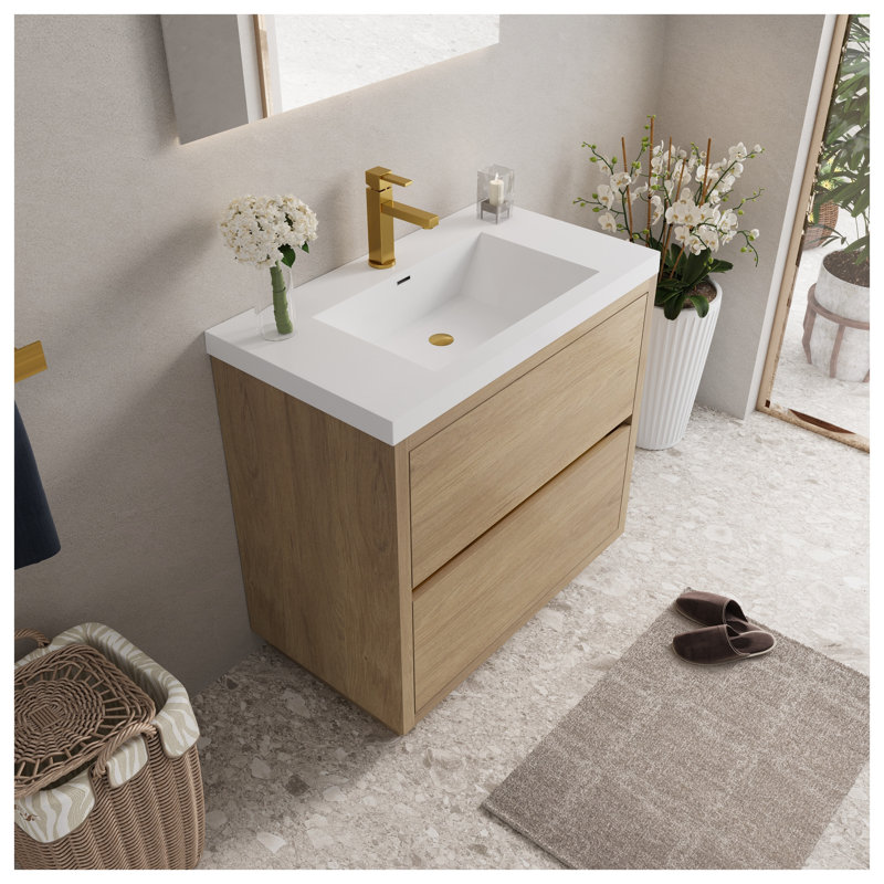 Meuble-lavabo autoportant 36 po avec plateau en résine de pierre et tiroirs à fermeture douce en chêne naturel