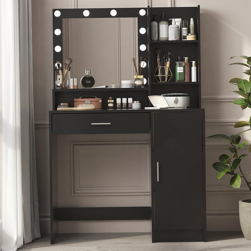Bureau de coiffeuse avec miroir et éclairage réglable, commode de rangement à trois niveaux pour la routine de maquillage de la chambre à coucher organisée