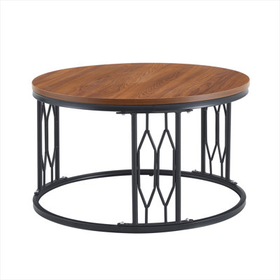 Round Coffee Table with Warm Walnut Wood-Grain Top and Matte Black Metal Pedestal Base, 27.5-Inch Diameter, Rustic Industrial Style for Living Room