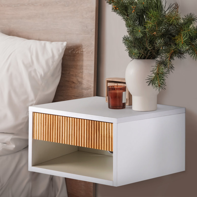 Leda  15.71" Classic Contemporary Floating Wall Mounted Nightstand with Soft-Close Tambour Drawer, White/Light Oak