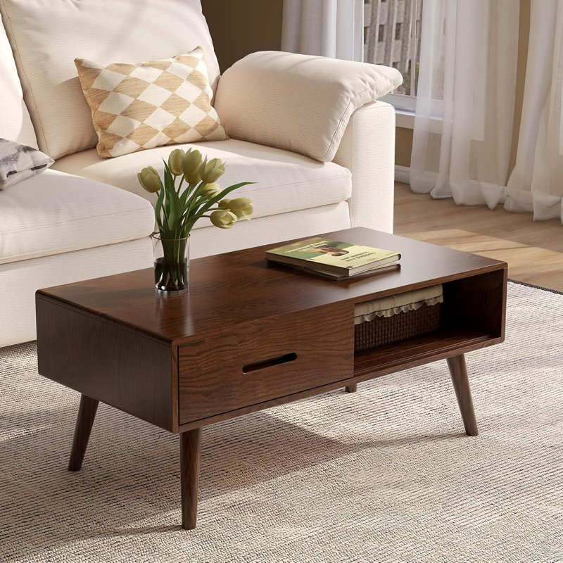 Four Leg Coffee Table with Storage, 16.93cm. H x 39.37cm. L x 22.05cm. W, Brown Oak