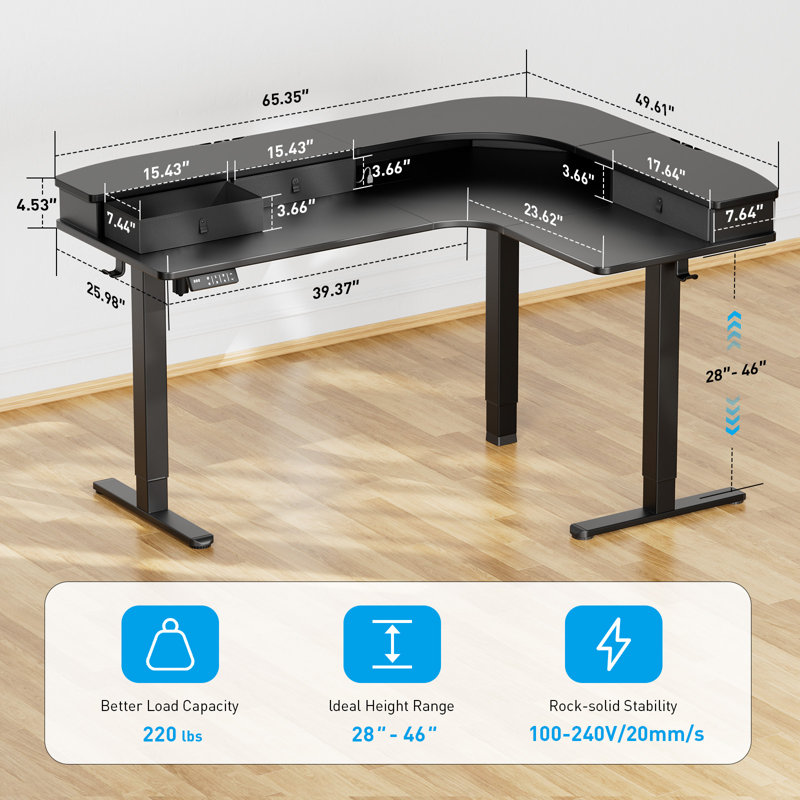Black Adjustable Height L-Shaped Standing Desk with Drawers and Power Outlet