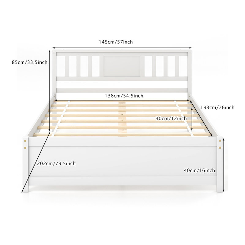 Full Size Mid-Century Pine Solid Wood Platform Bed Frame with Headboard Slat Support, White, Full