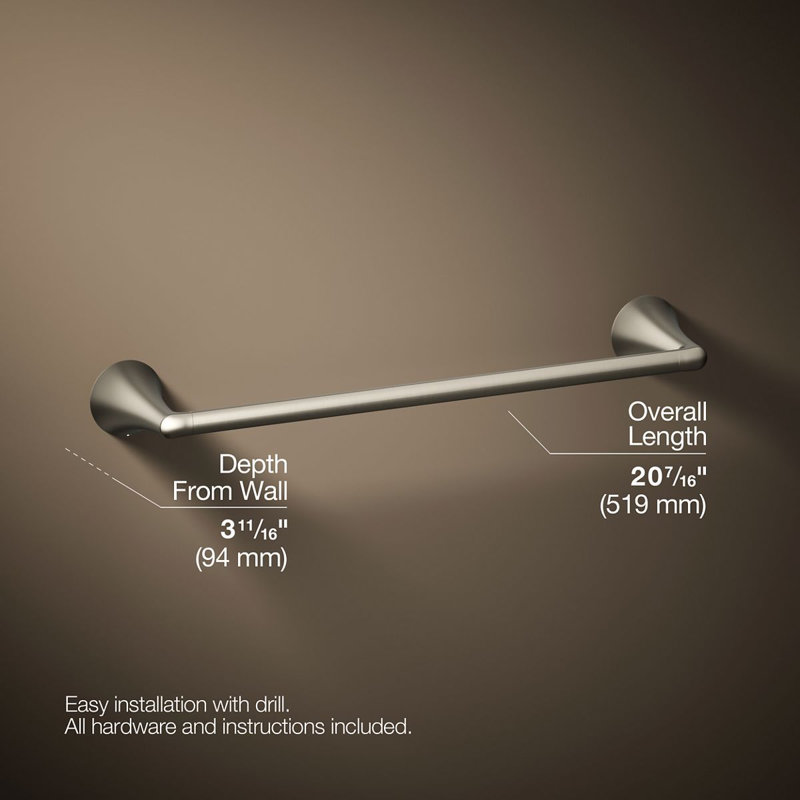 Barre à serviettes Buckley, Nickel brossé, 3,68 po H x 20,43 po L x 3,68 po P