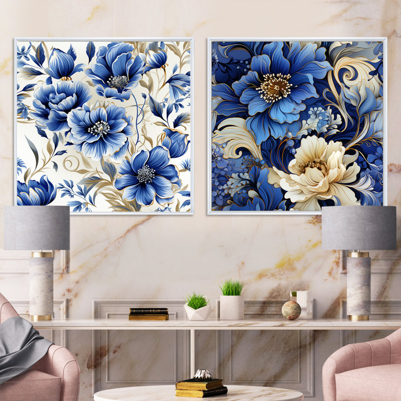 Goole - Ensemble de 2 collages carrés floraux, Cadre flottant blanc, H 16 po x l 33 po