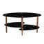 Table basse ovale noire en verre, table de salon moderne avec pieds en chêne et table de thé en verre trempé 3 couches