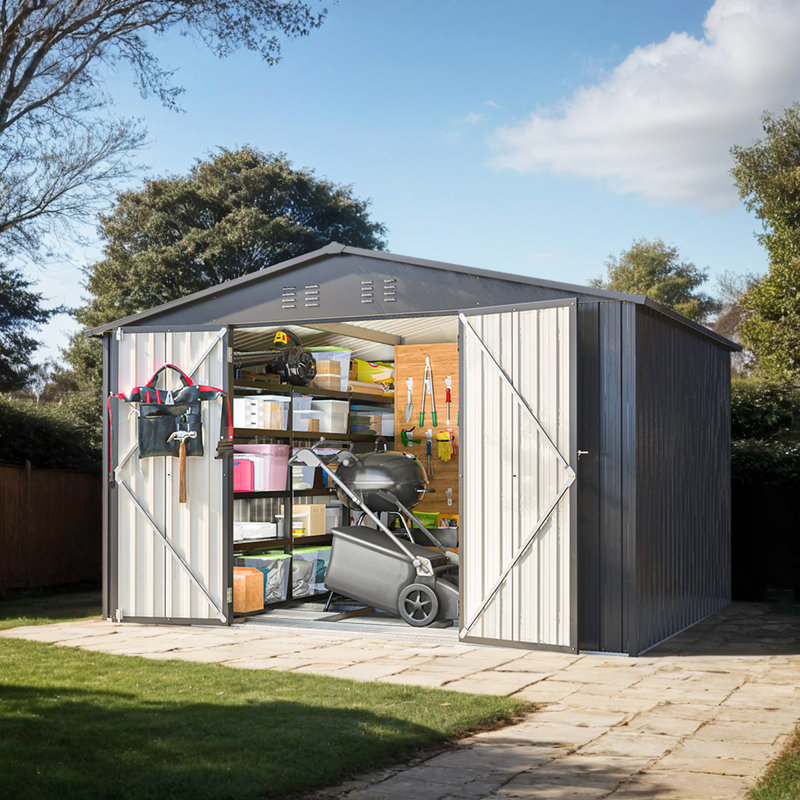 10X8 FT Outdoor Metal Storage Shed with Lockable Doors, Black, 75.21" H x 118.12" W x 99.23" D