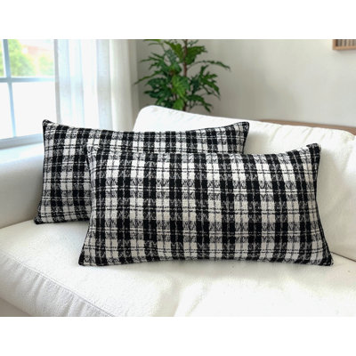 Lot de 2 housses de coussin lombaire décoratives texturées en tweed à carreaux Shepherd, Aiking, 35,5 x 61 cm, noir et blanc