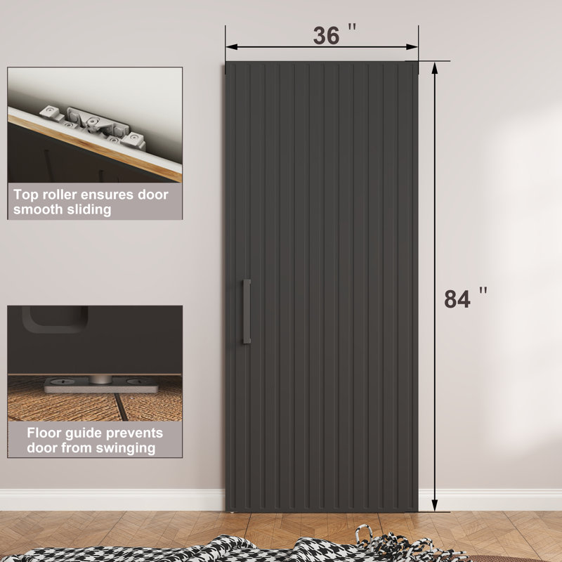Concealed/Invisible Prefinished/Laminated Black Magic Fluted Sliding Barn Doors With Installation Hardware Kit and Door Handle