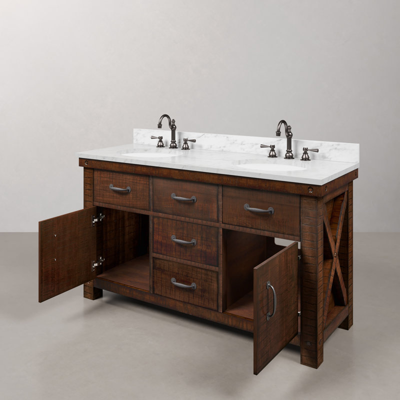 Aberdeen 60 In. Double Sink Blue Limestone Countertop Vanity In Rustic Sierra With Hook Faucets, Carrara White