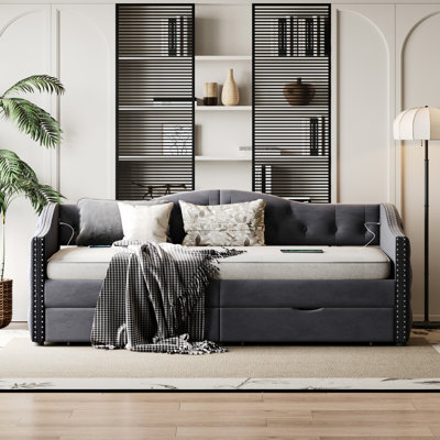 Grey Twin Daybed With Storage - No Box Spring Needed, Upholstered In Velvet Covered Linen Wood Frame Superior Distribution And Style
