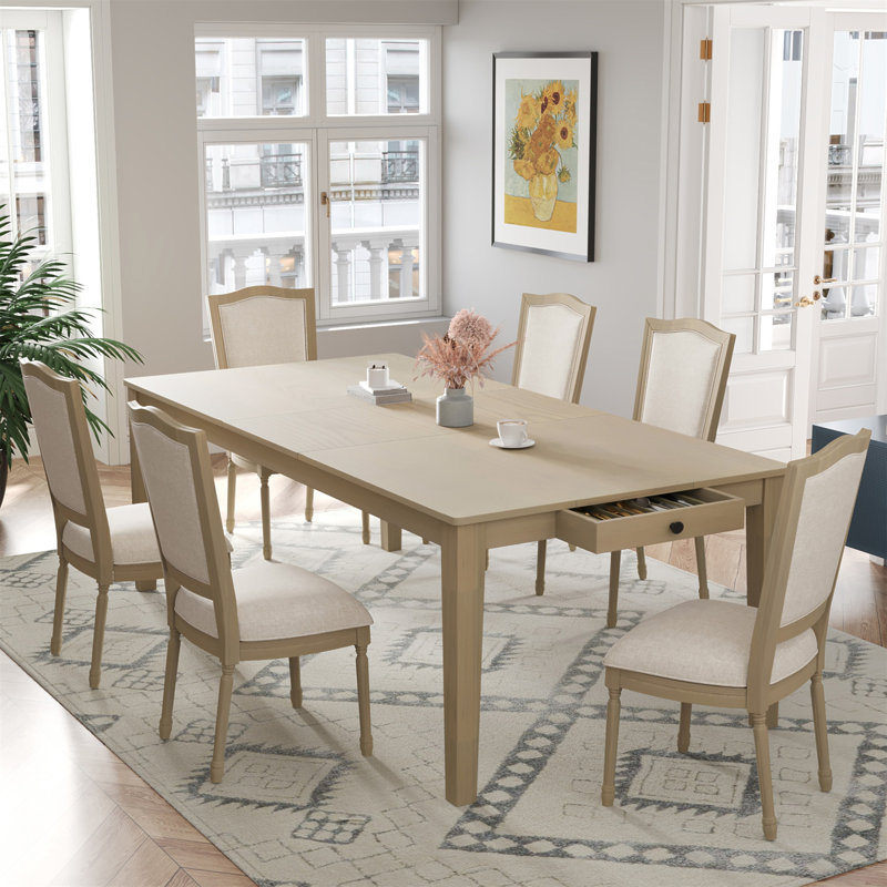 Ensemble de table de salle à manger extensible 78,1 pouces Rustic 7 pièces avec rallonge amovible de 18 pouces, 6 chaises de salle à manger rembourrées, 2 tiroirs intégrés, naturel