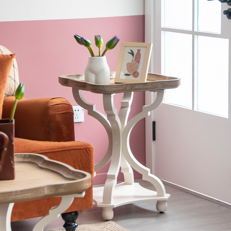 Set of 2 White and Natural Wood Tray Top End Tables