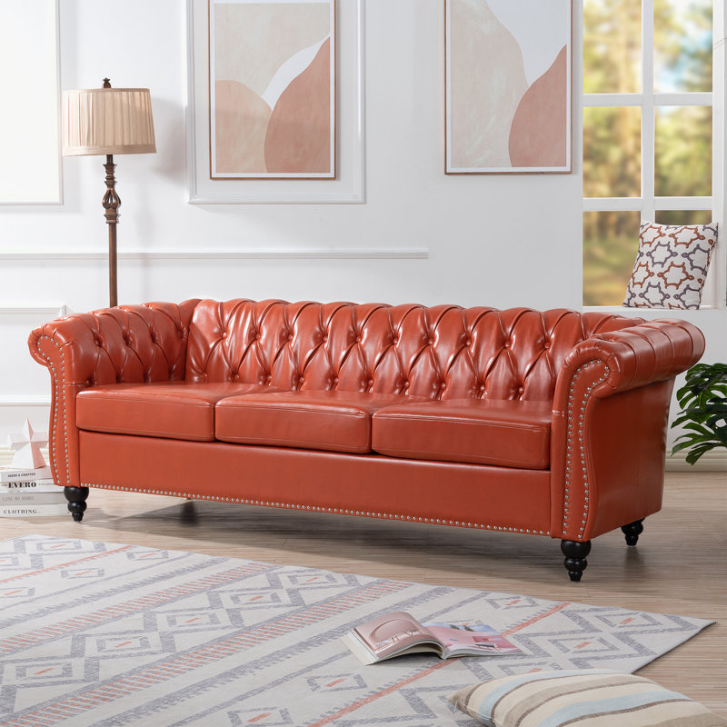 Arlen 84.65'' Faux Leather Rolled Arm Sofa,Nailheads,couch, Orange Faux Leather