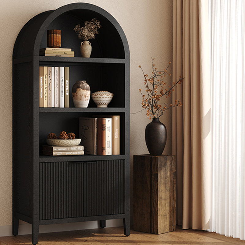 Bibliothèque 71 "de haut avec portes cannelées et tablette ouverte, Noir