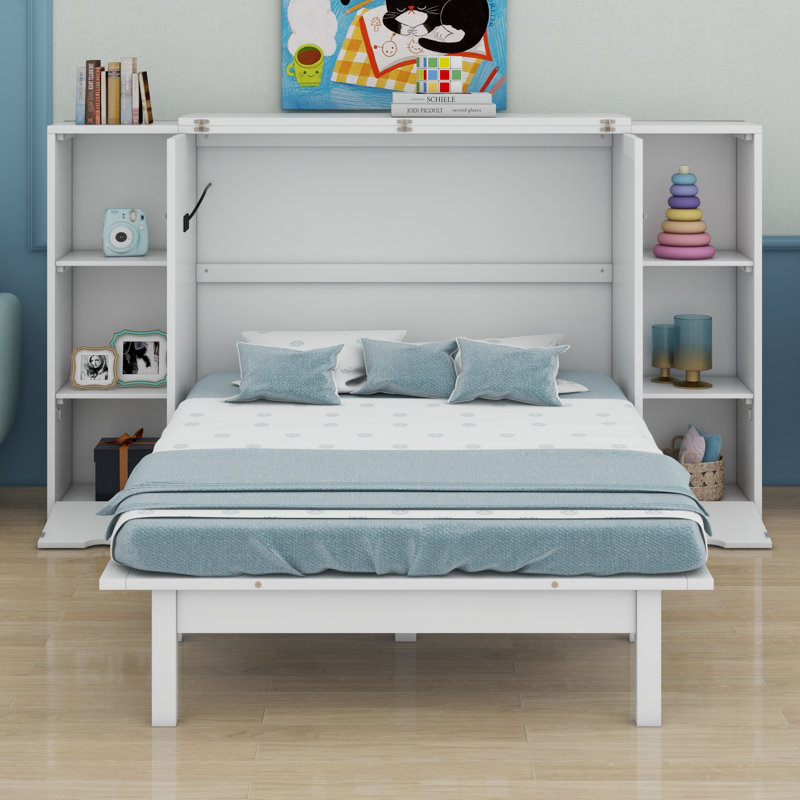 Lit escamotable avec tablettes, tiroirs et ports USB Murphy, blanc