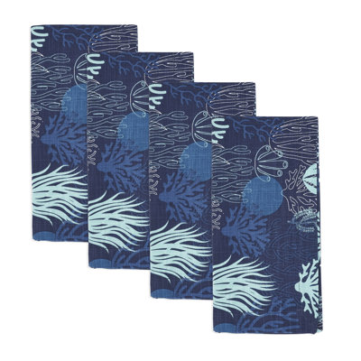 Navy Blue Nautical Sea Coral Cotton Cloth Napkins 20" W X 20" L, Set Of 4