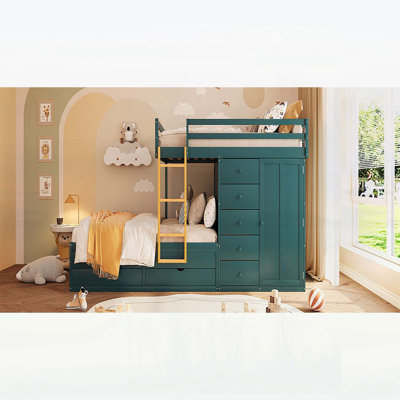 Lit superposé double avec rangement spacieux, 2 grands et 5 petits tiroirs, mini garde-robe, panneau de fibres à densité moyenne et bois massif, design moderne - vert Morandi