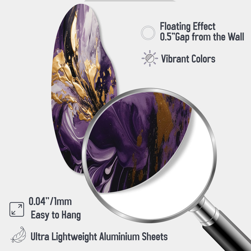 Purple and Gold Liquid Magic II - Abstract Curved Metal Wall Decor, Purple Asymmetrical Metal Art Print, 30" H x 11" W x 1" D