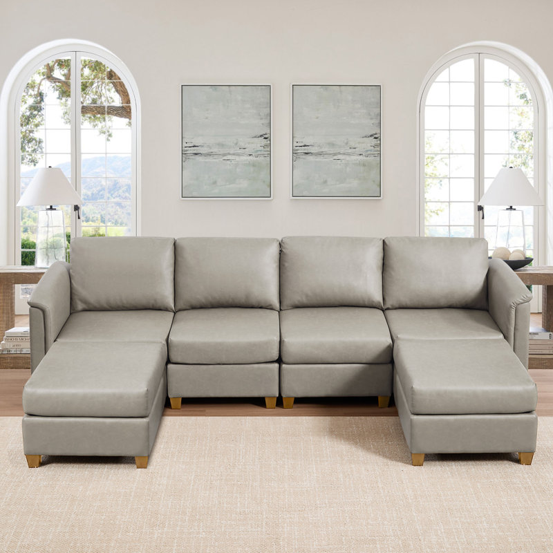 6-Piece Modern Upholstered Sectional Sofa, Beige Faux Leather, Natural