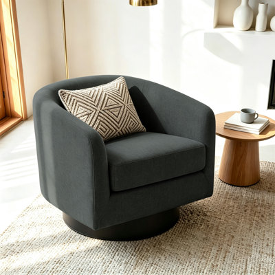 Fauteuil demi-tonneau pivotant en chenille gris avec base en bois massif Applewold